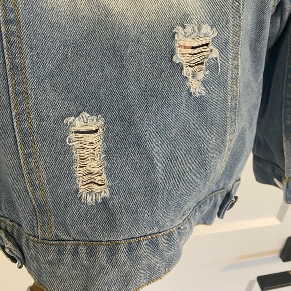 Girls Ripped Denim Jacket Rose Flower Embroidery - Picture 6 of 10